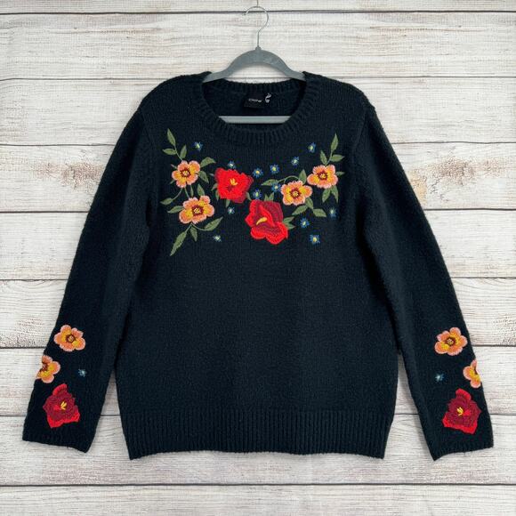 Cliche Sweaters - Cliche Floral Embroidered Crewneck Sweater Womens XL Black Red Pink